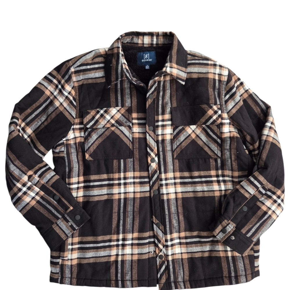 George Men's Brown Plaid Sherpa Lined Shirt Jacket XL